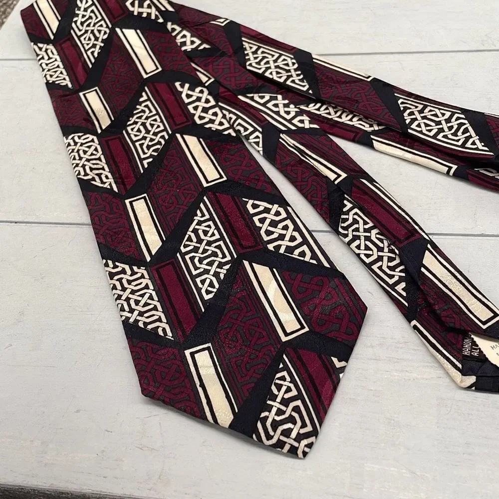 Vintage Paulo Zini Silk Ties For Mens Black Maroon Greecian‎ Geometric Italy